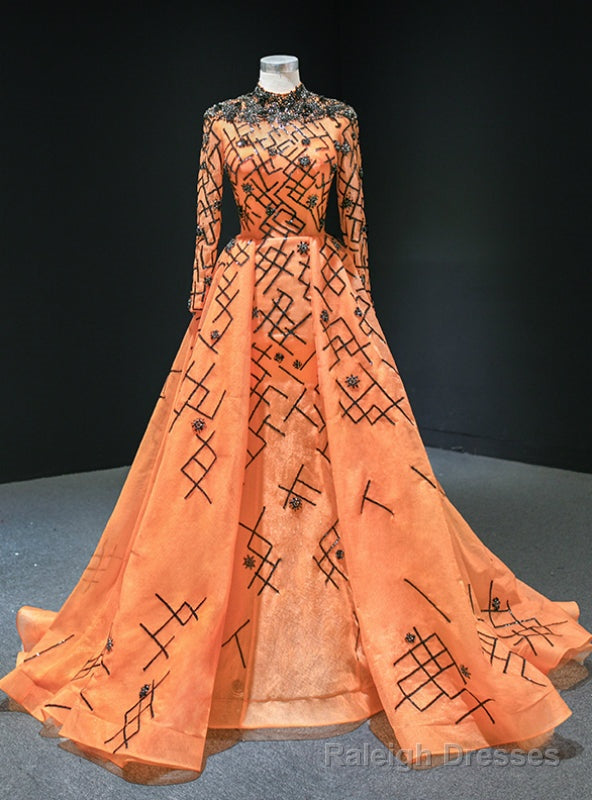 Orange Ball Gowns Tulle Sequins Long Sleeve High Neck Prom Dress Main image