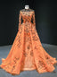Orange Ball Gowns Tulle Sequins Long Sleeve High Neck Prom Dress