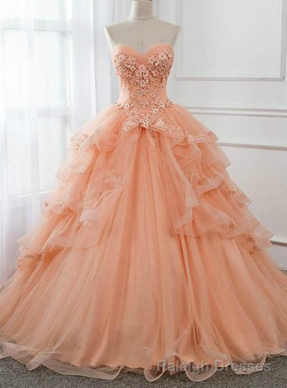 Orange Ball Gown Tulle Strapless Ruffles Long Sweet 16 Quinceanera Dresses