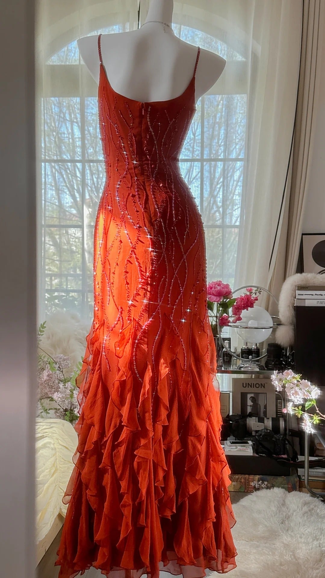 Orange Beautiful Charming Fashion Elegant Shiny Exquisite Beaded Long Chiffon Ball Gown Evening Gown Birthday Party Gown Prom Gown Graduation Gown
