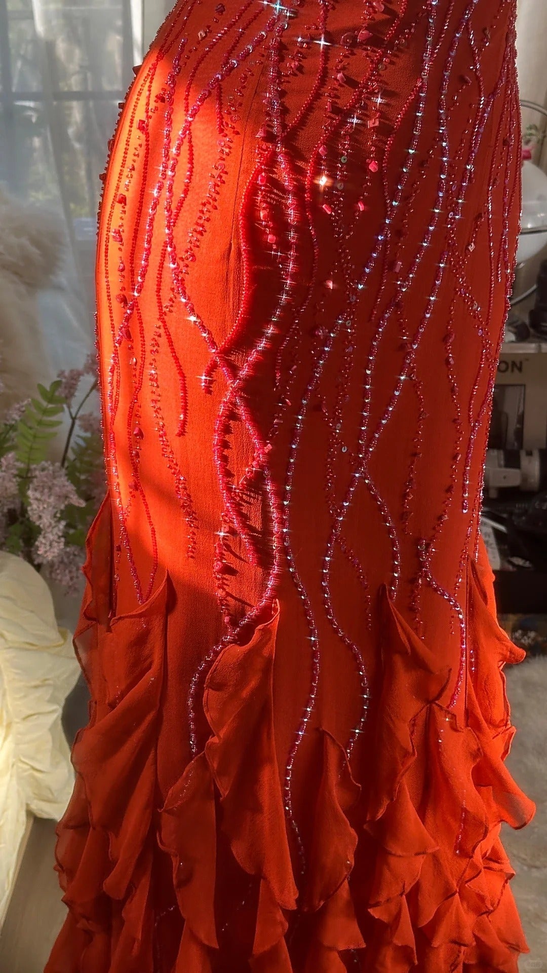 Orange Beautiful Charming Fashion Elegant Shiny Exquisite Beaded Long Chiffon Ball Gown Evening Gown Birthday Party Gown Prom Gown Graduation Gown