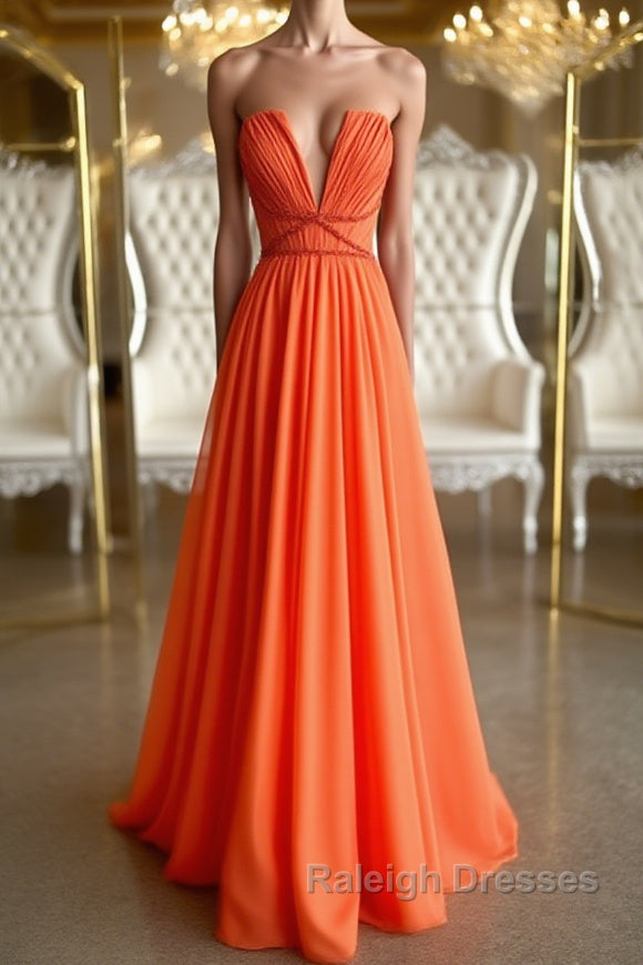 Orange Chiffon Long Prom Dresses, Orange Long Formal Evening Dresses