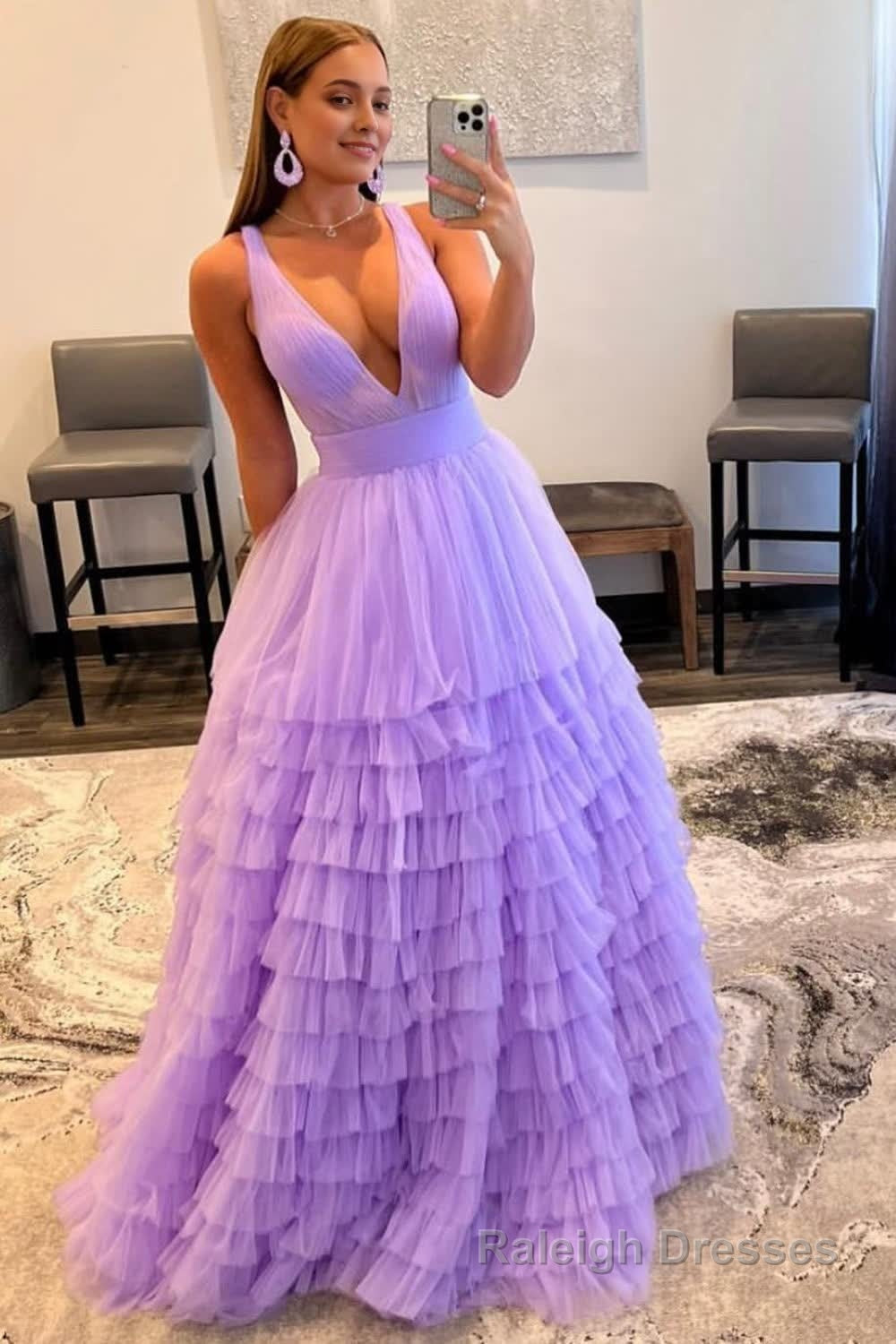 Orange Deep V Neck Tiered Prom Dress