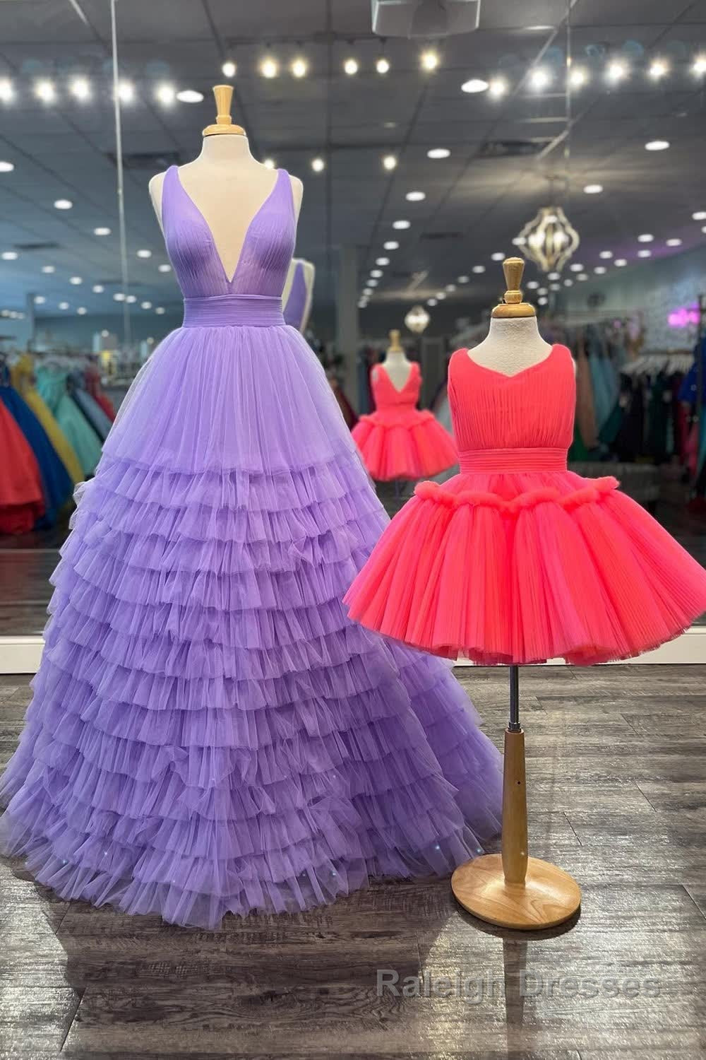 Orange Deep V Neck Tiered Prom Dress