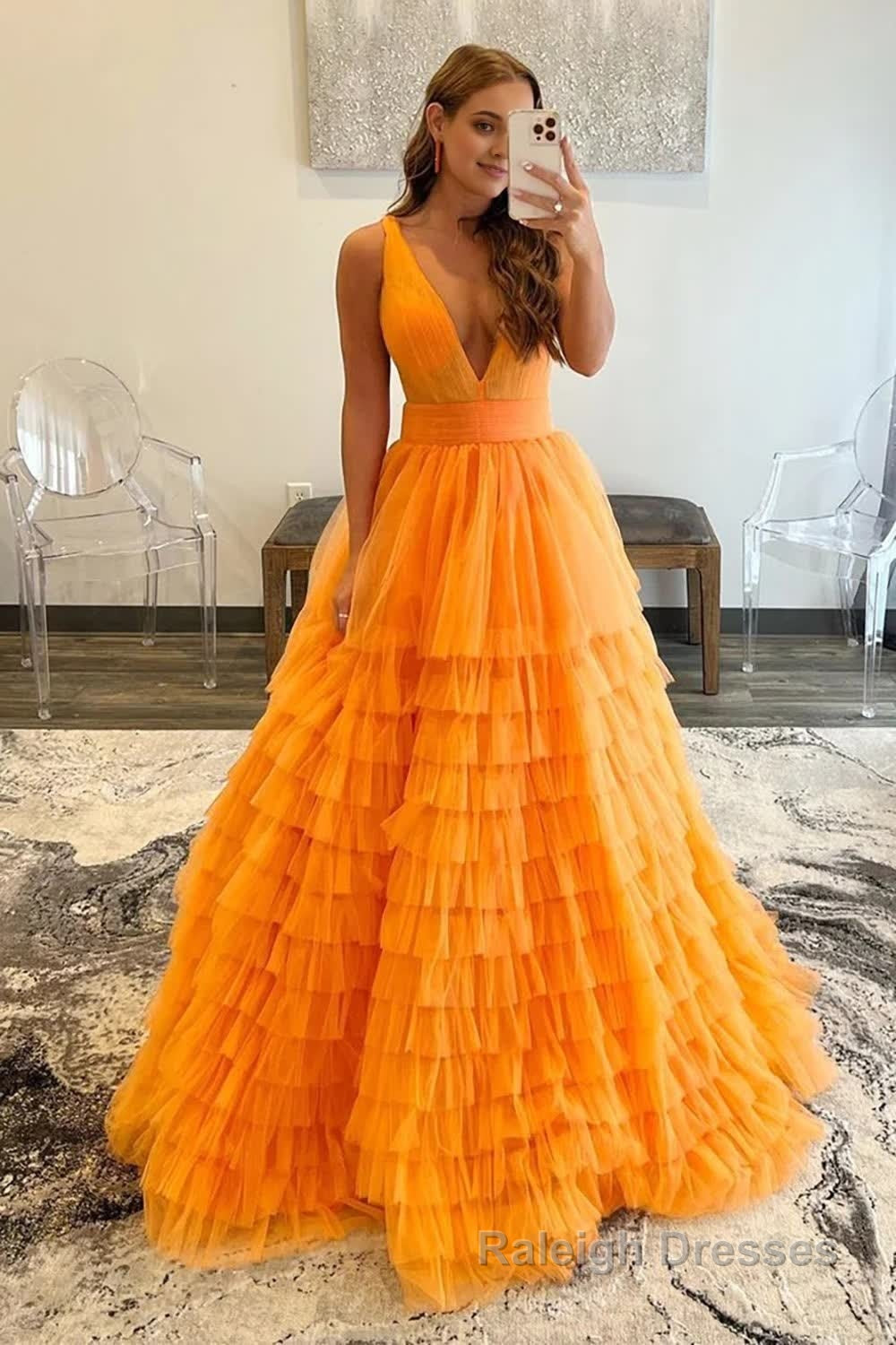 Orange Deep V-Neck Tiered Prom Dress Main image