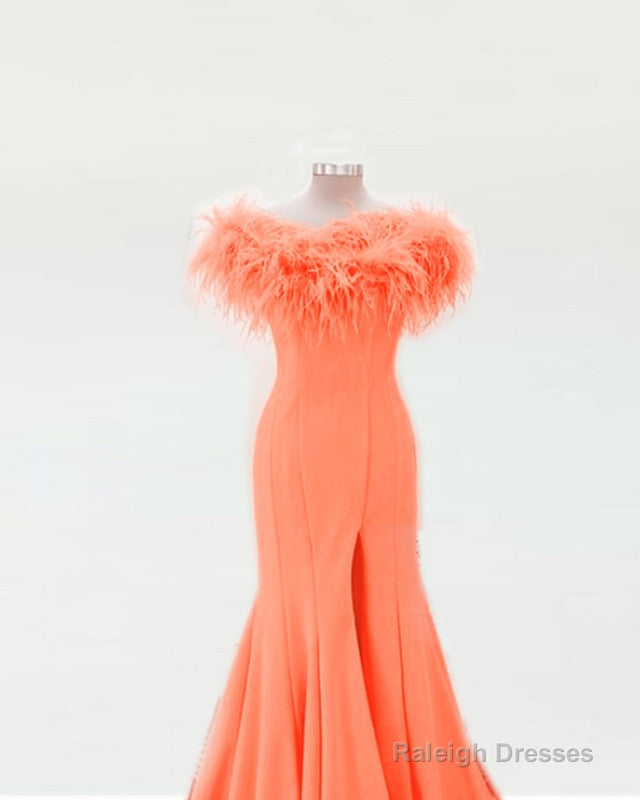 Orange Feather Mermaid Split Prom Dresses Secondary image