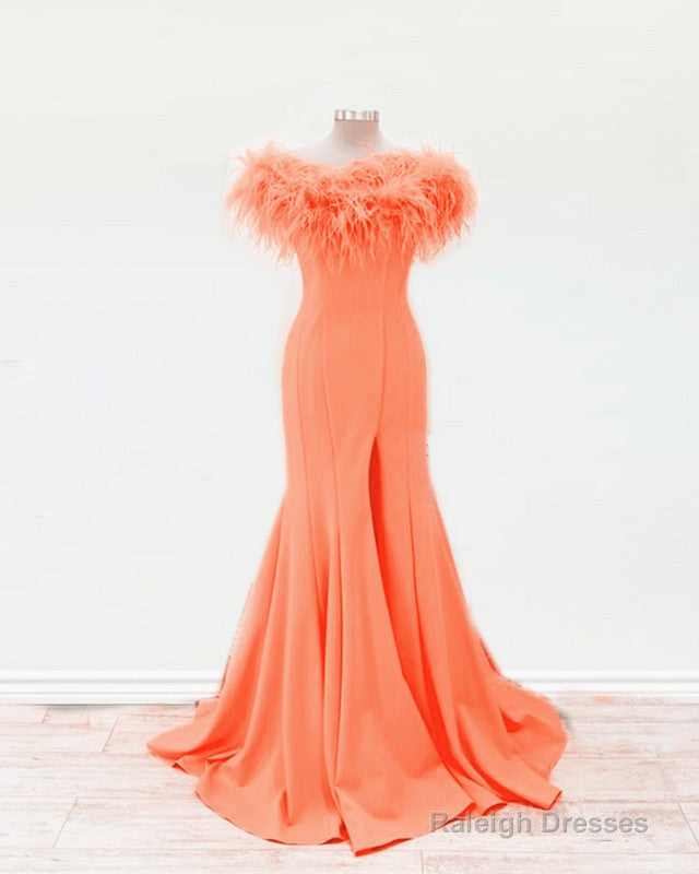 Orange Feather Mermaid Split Prom Dresses Main image