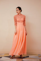 Lace Chiffon Long Zipper Back Mother of the Bride Dresses With Sleeves