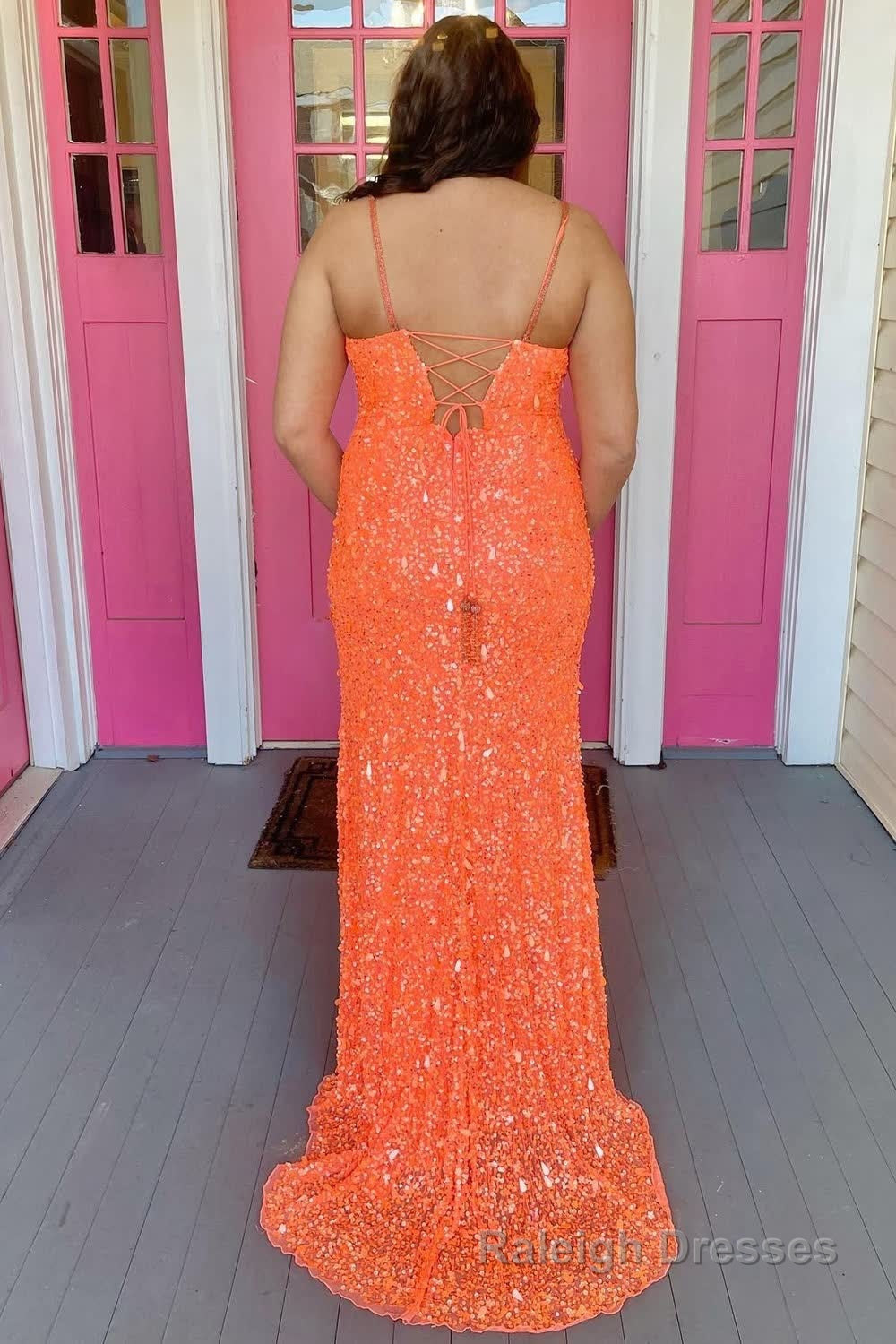 Orange Lace-Up Sequins Prom Dress with Slit Secondary image