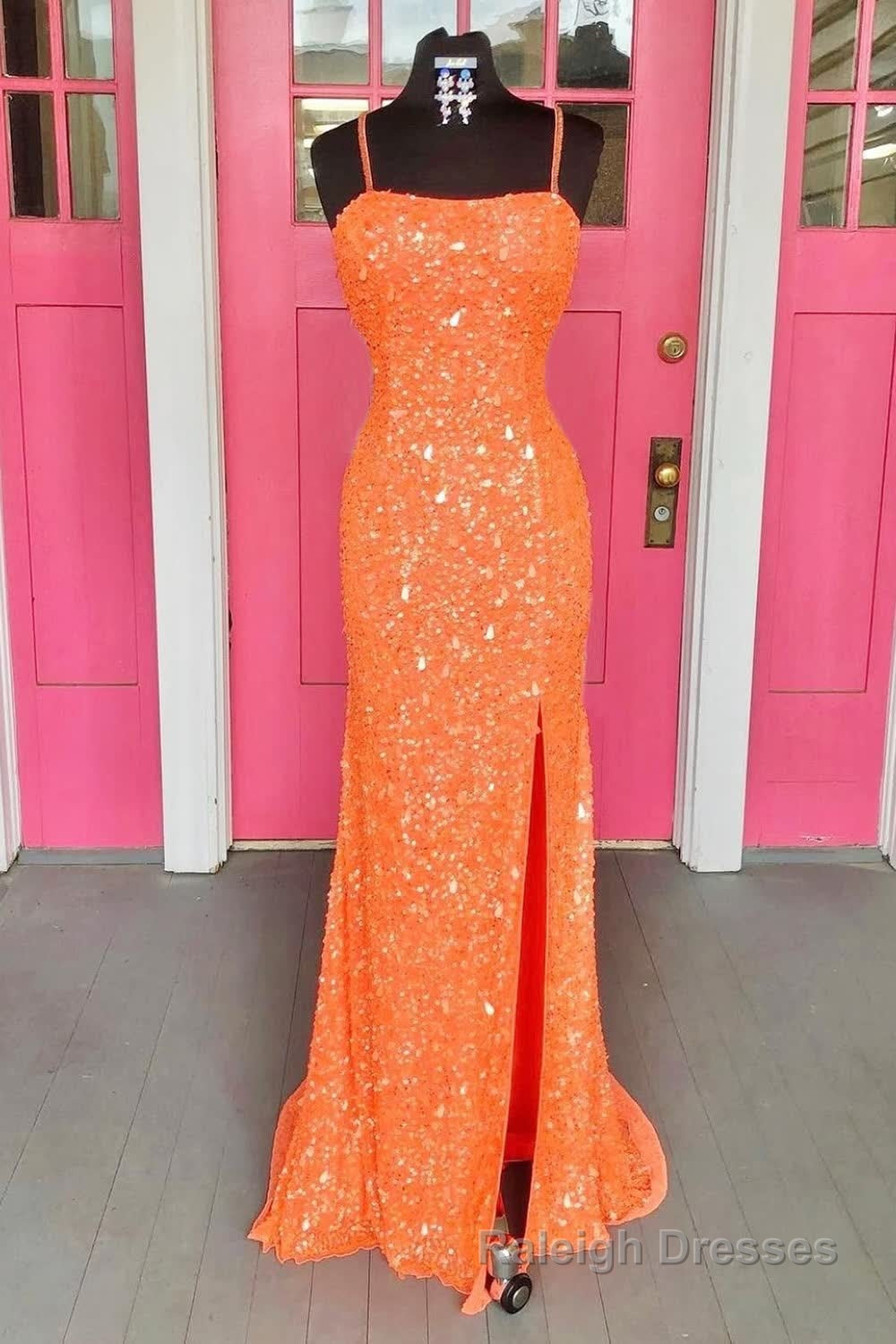 Orange Lace-Up Sequins Prom Dress with Slit