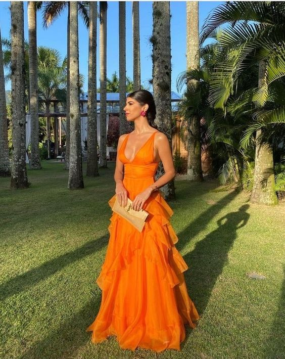 Orange Simple Elegant V-Neck Ruffle Prom Dresses Long Prom Dresses Prom Dresses V-Neck Dresses Suit Prom Dresses To Impress