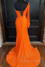Orange Long Sleeve Sequined Prom Dress With Slit