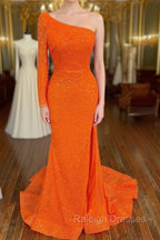 Orange Long Sleeve Sequined Prom Dress With Slit