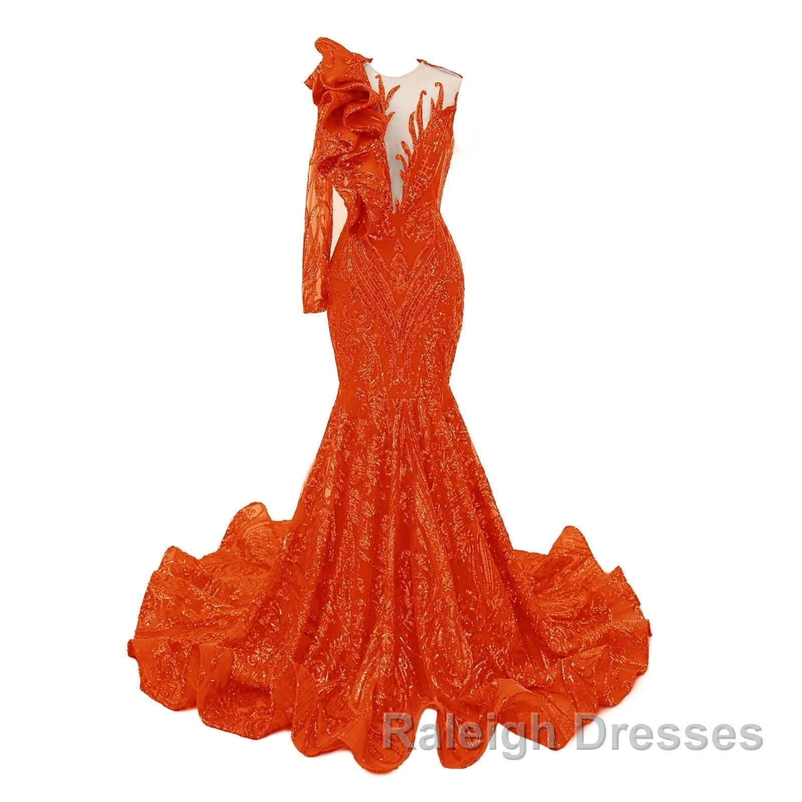 Orange Mermaid One Sleeve Prom Dress Sequined Lace Jewel Ruffles Prom Dresses with Appliques Secondary image