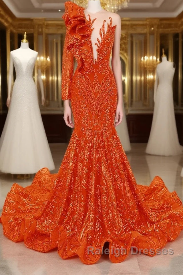 Orange Mermaid One Sleeve Prom Dresses Sequined Lace Jewel Ruffles Evening Party Dress with Appliques