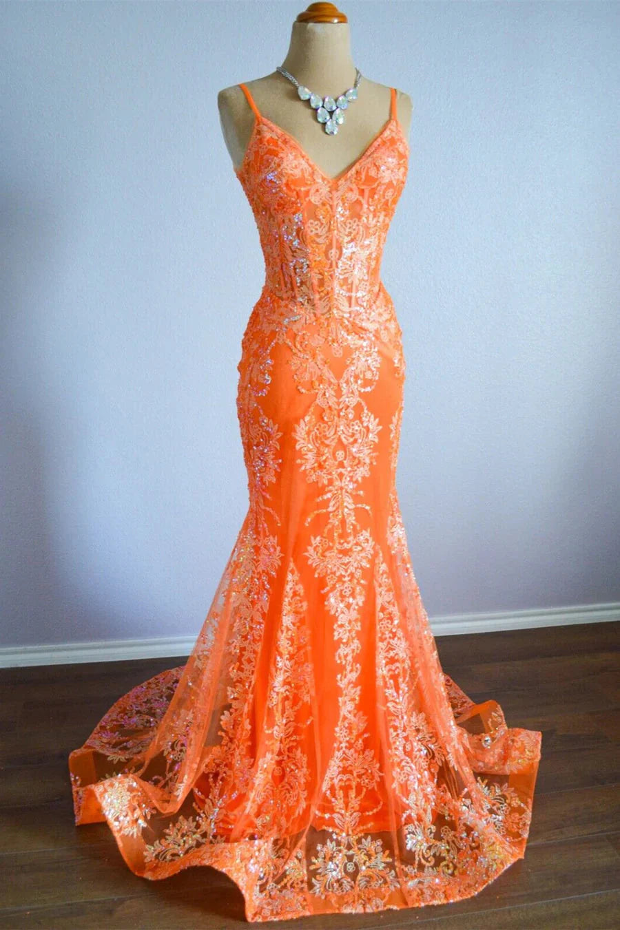 Orange Mermaid Spaghetti Straps Sequins Applique Long Prom Dresses