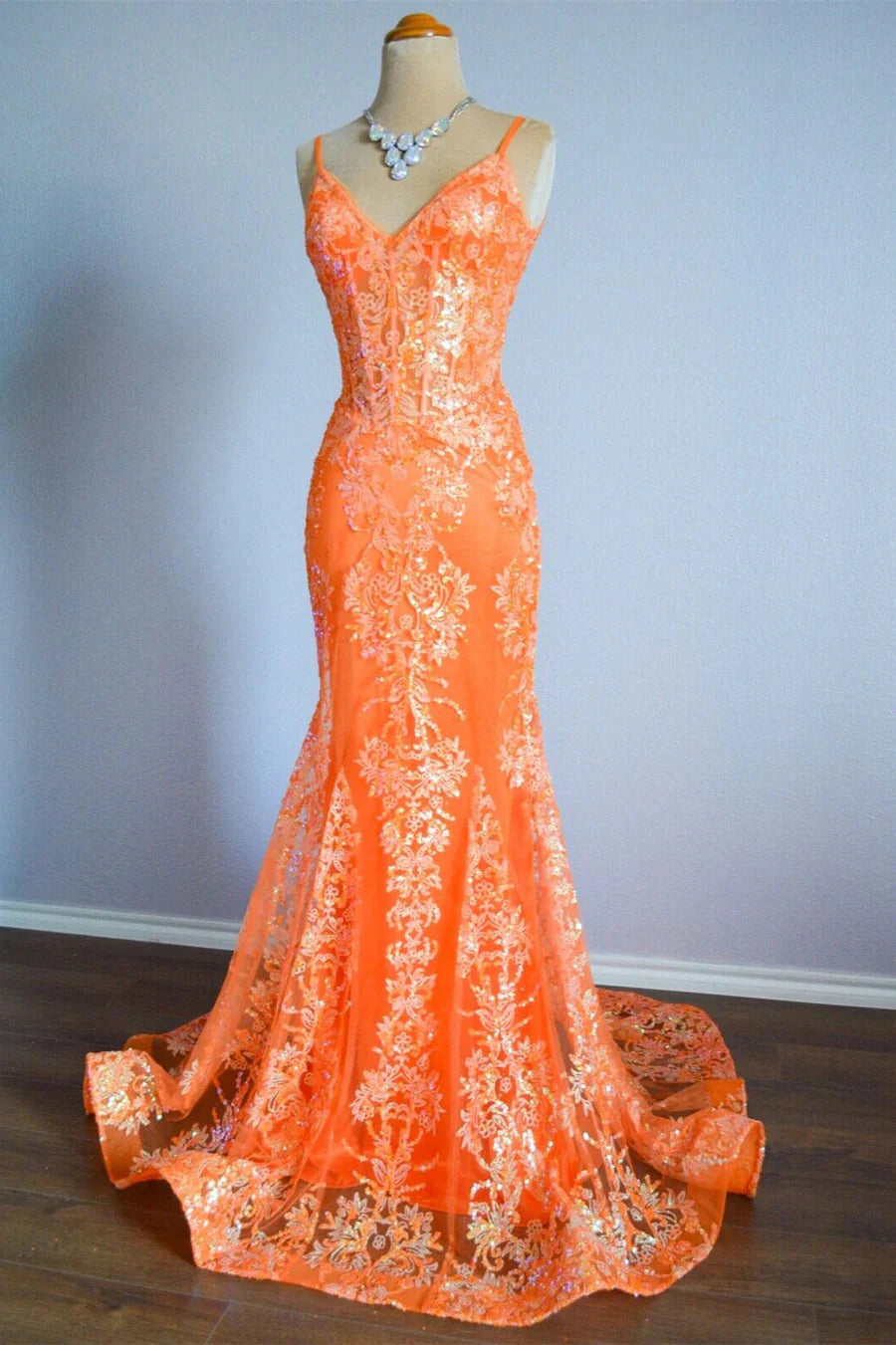 Orange Mermaid Spaghetti Straps Sequins Applique Long Prom Dresses Main image