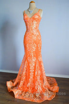 Orange Mermaid Spaghetti Straps Sequins Applique Prom Dresses Long Tulle Prom Dresses