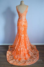 Orange Mermaid Spaghetti Straps Sequins Applique Long Prom Dress Tulle Evening Dress