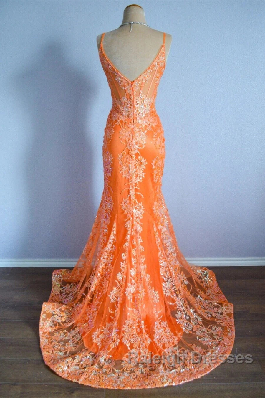 Orange Mermaid Spaghetti Straps Sequins Applique Long Prom Dress Tulle Evening Dress
