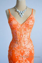 Orange Mermaid Spaghetti Straps Sequins Applique Prom Dresses Long Tulle Prom Dresses