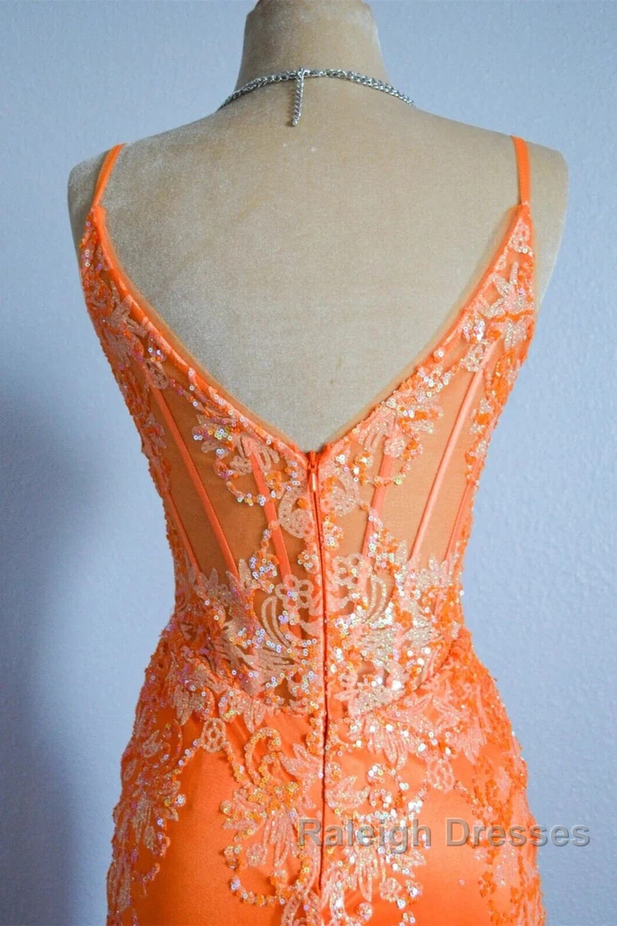 Orange Mermaid Spaghetti Straps Sequins Applique Long Prom Dress Tulle Evening Dress