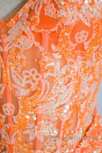Orange Mermaid Spaghetti Straps Sequins Applique Long Prom Dress Tulle Evening Dress