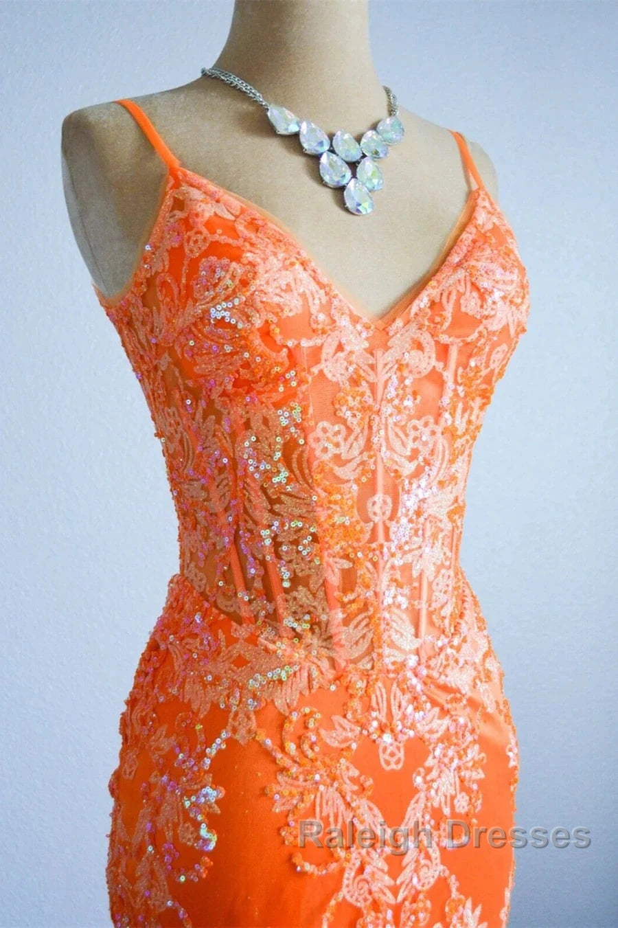 Orange Mermaid Spaghetti Straps Sequins Applique Long Prom Dress Tulle Evening Dress