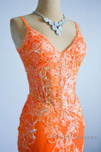 Orange Mermaid Spaghetti Straps Sequins Applique Prom Dresses Long Tulle Prom Dresses