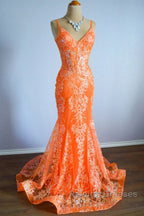 Orange Mermaid Spaghetti Straps Sequins Applique Prom Dresses Long Tulle Prom Dresses