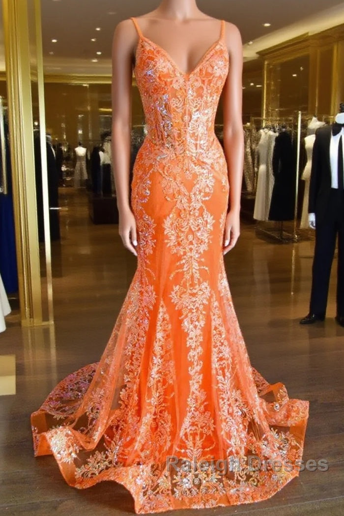 Orange Mermaid Spaghetti Straps Sequins Applique Long Prom Dress Tulle Evening Dress Main image