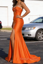 Orange Mermaid Sweetheart Corset Prom Dresses Long with Slit