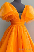 Orange Plunge V Ruffled Sleeve A Line Long Formal Dress