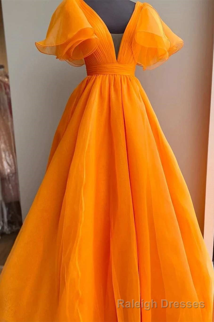 Orange Plunge V Ruffled Sleeve A-Line Long Formal Dress Main image