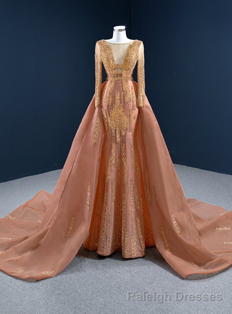 Orange Red Mermaid Tulle Long Sleeve Beading Prom Dress Main image