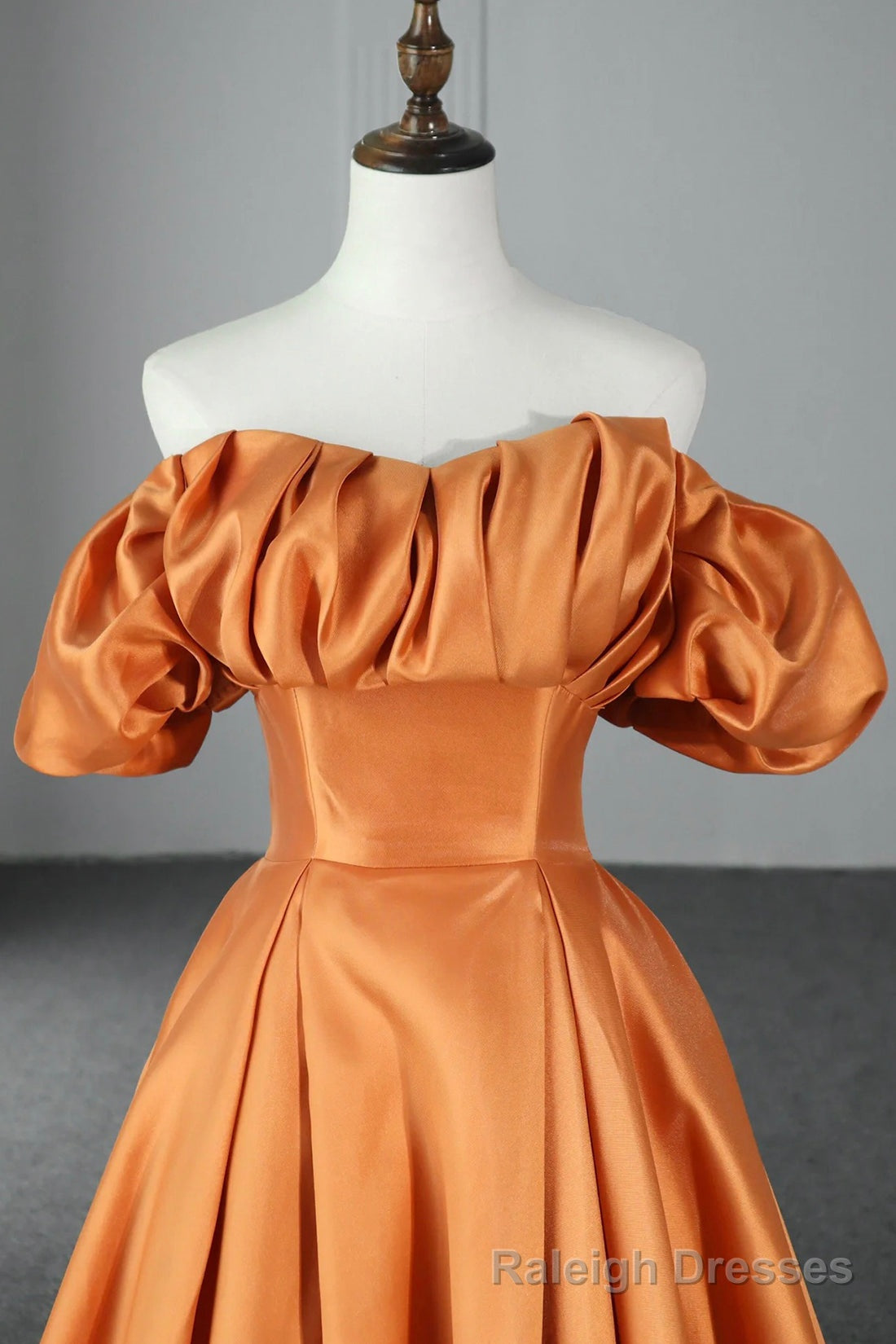 Orange Satin A Line Floor Length Prom Dress, Off the Shoulder Prom Prom Dress
