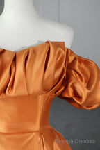 Orange Satin A Line Floor Length Prom Dress, Off the Shoulder Prom Prom Dress