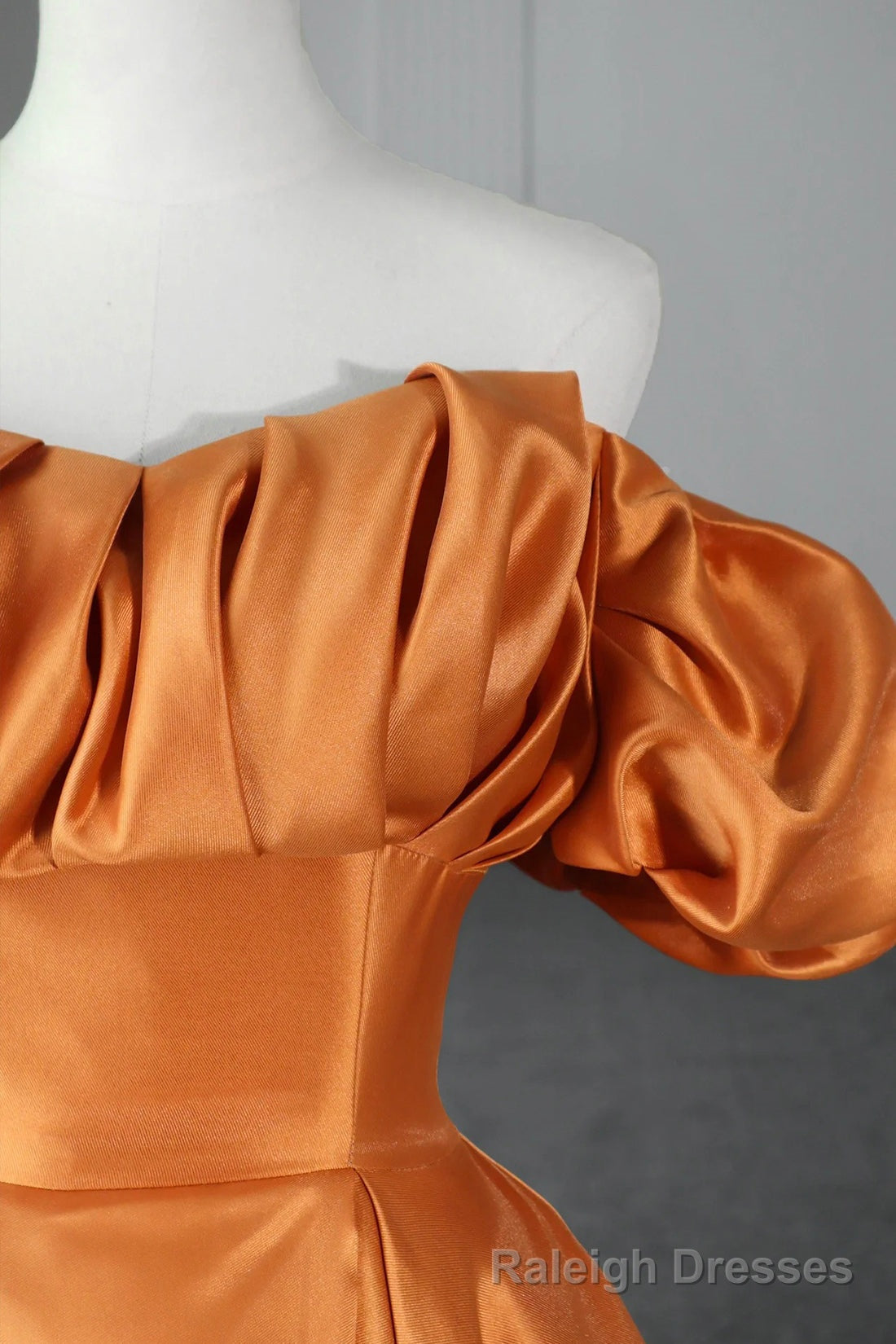 Orange Satin A Line Floor Length Prom Dress, Off the Shoulder Prom Prom Dress