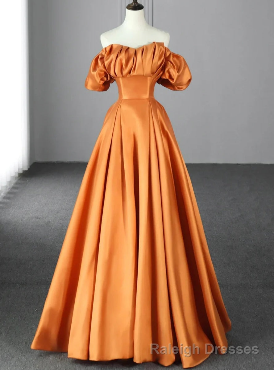 Orange Satin Off the Shoulder Pleats Prom Dress Main image