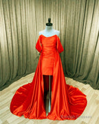 Orange Satin Off The Shoulder Prom Dresses