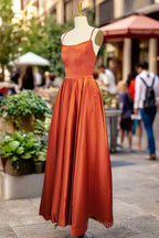 Orange Satin Prom Dresses A-line Square Neckline Spaghetti Straps Sweep Train Evening Dresses