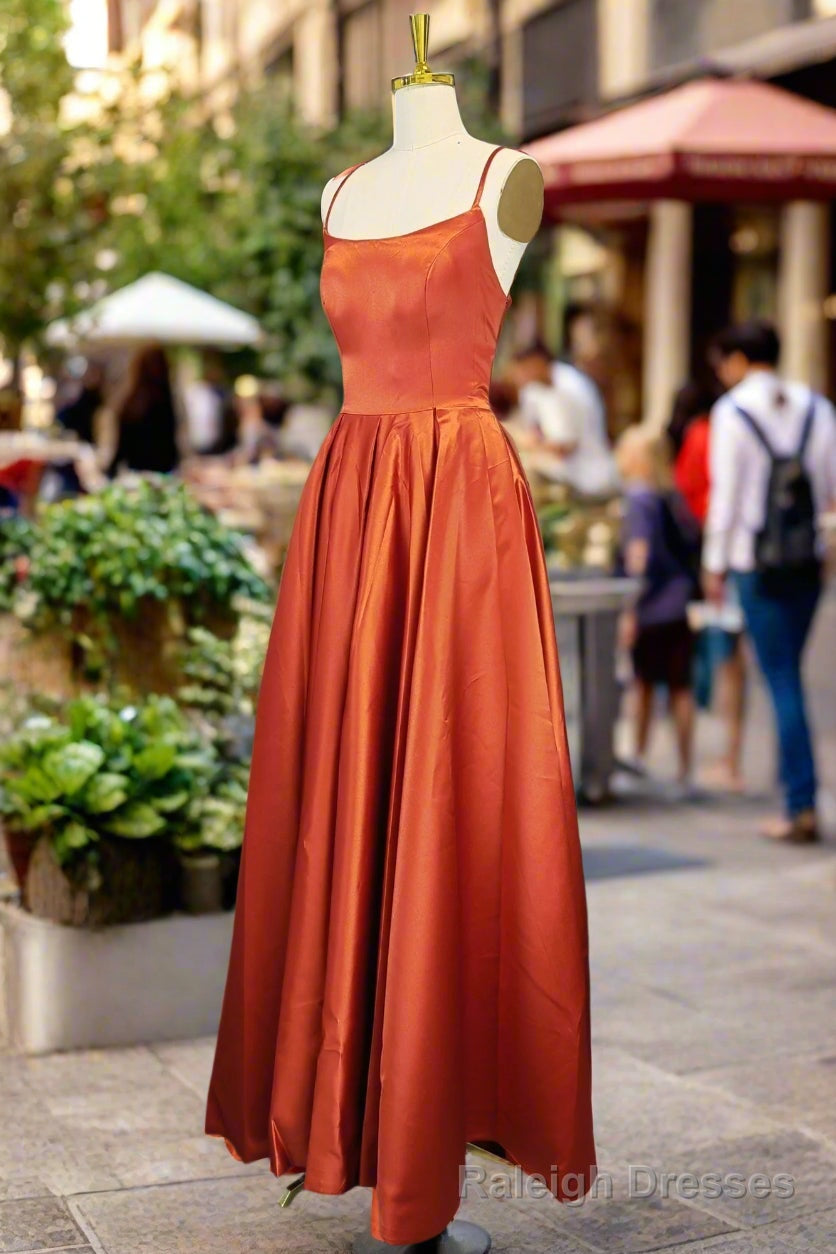 Orange Satin Prom Dresses A-line Square Neckline Spaghetti Straps Sweep Train Evening Dresses