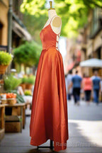 Orange Satin Prom Dresses A Line Square Neckline Spaghetti Straps Sweep Train Prom Dresses