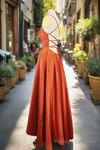 Orange Satin Prom Dresses A Line Square Neckline Spaghetti Straps Sweep Train Prom Dresses