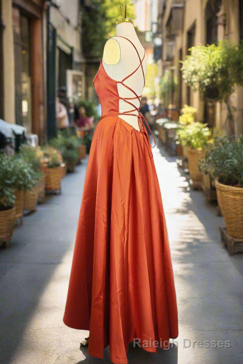Orange Satin Prom Dresses A Line Square Neckline Spaghetti Straps Sweep Train Prom Dresses