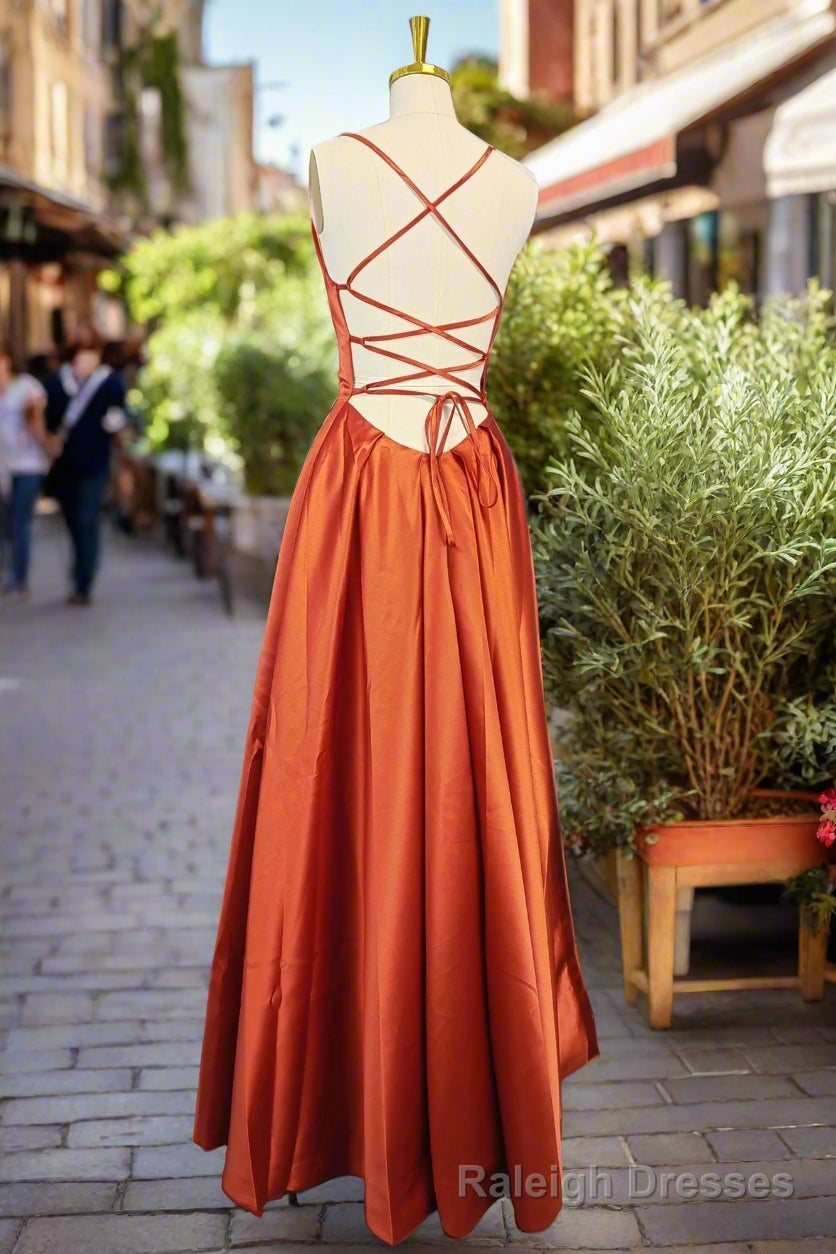 Orange Satin Prom Dresses A-line Square Neckline Spaghetti Straps Sweep Train Evening Dresses