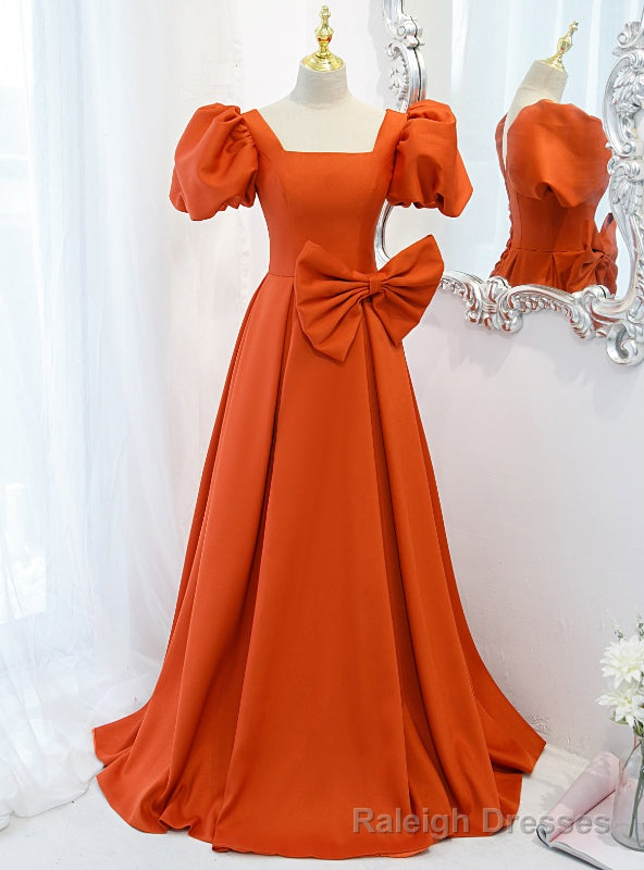 Orange Satin Puff Sleeve Prom Dress With Bow