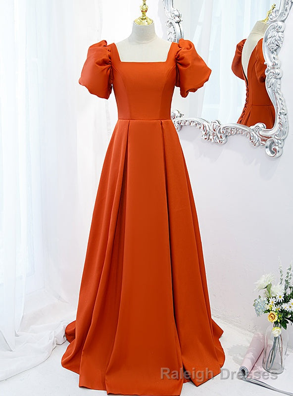 Orange Satin Short Sleeve Square Prom Dress