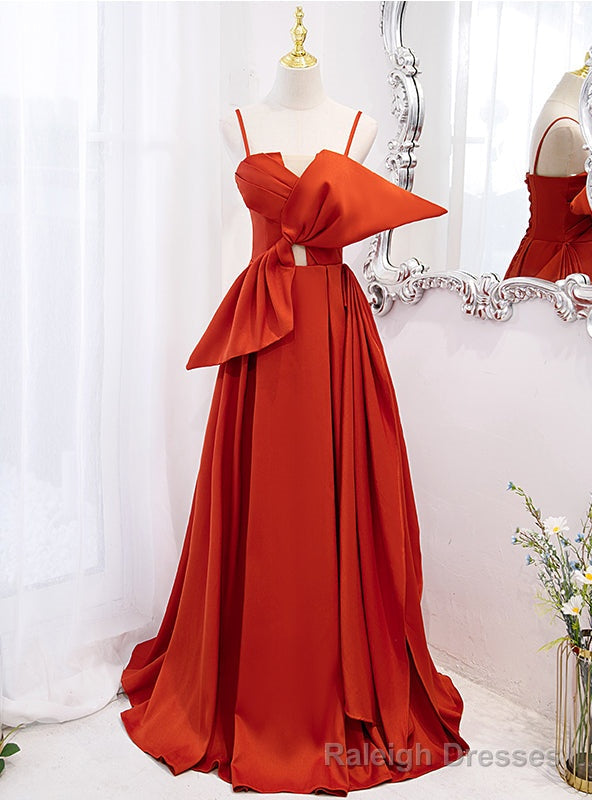 Orange Satin Spaghetti Straps Bow Prom Dress Main image