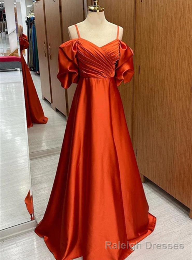 Orange Satin Spaghetti Straps Pleats Prom Dress Main image